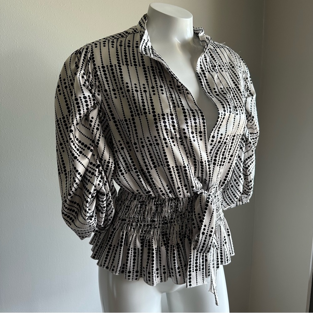 A’GACI white black polka dot silky peplum tie billowy flowy blouse top vintage